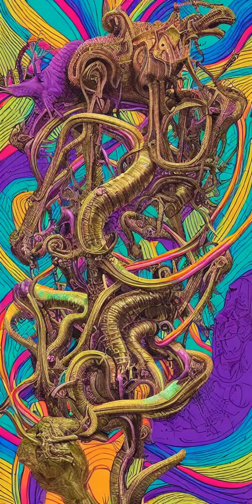 Prompt: futuristic dinosaurs and happy moose dissolving into melted liquid braids, cubensis, aztec, basil wolverton, r crumb, hr giger, mc escher, dali, muted but vibrant colors, rainbow tubing, exposed gold wires, graffiti