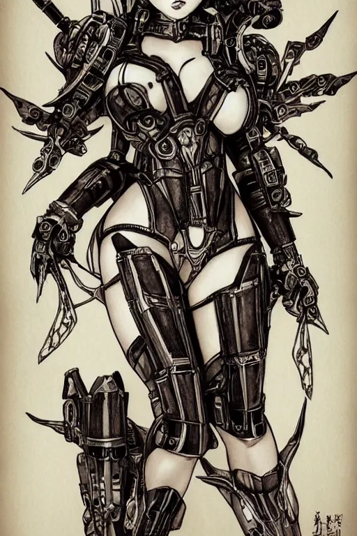 Prompt: full body illustration, mechanized burnette female, blissful succubus, highly detailed, sumi - e art, suiboku - ga ink, by kim jisu, pen and ink monochrome, mecha, deviantart, artstation, pinterest