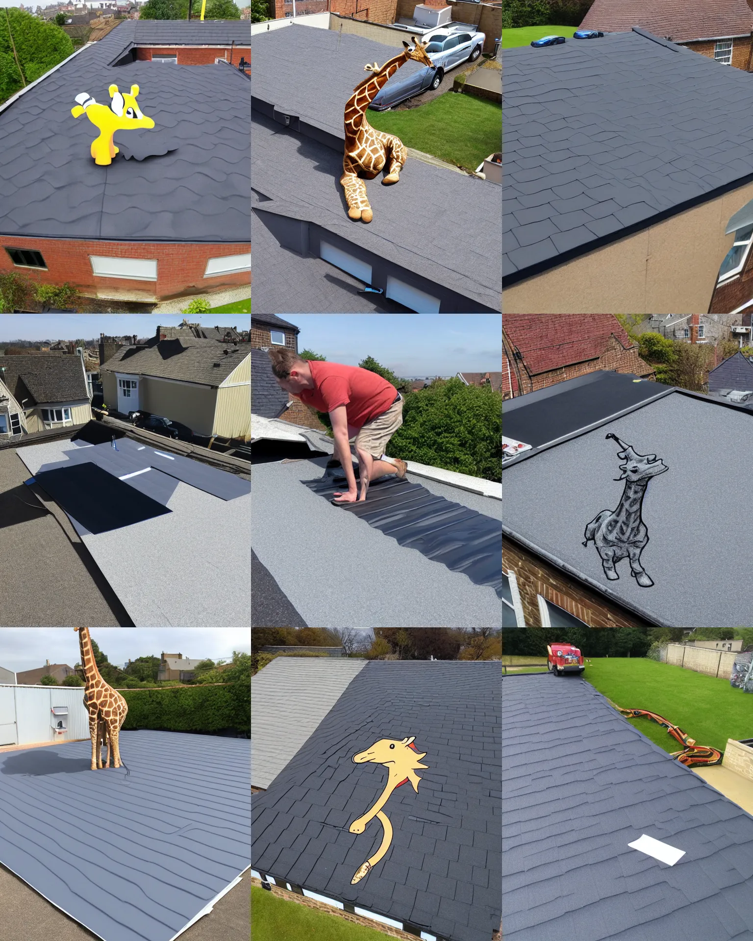 Prompt: rubber flat roofing installation services on garage roof halifax, fantasy drawing, a giraffe on the roof