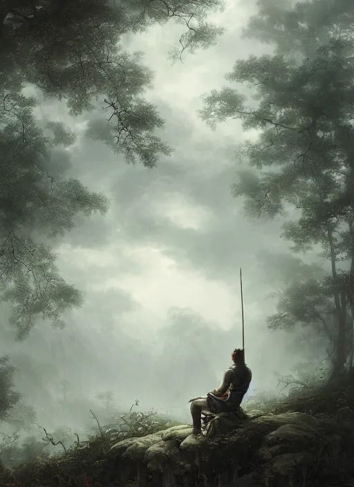 Image similar to sun wukong sitting alone in the melancholy forest. andreas achenbach, artgerm, mikko lagerstedt, zack snyder, tokujin yoshioka