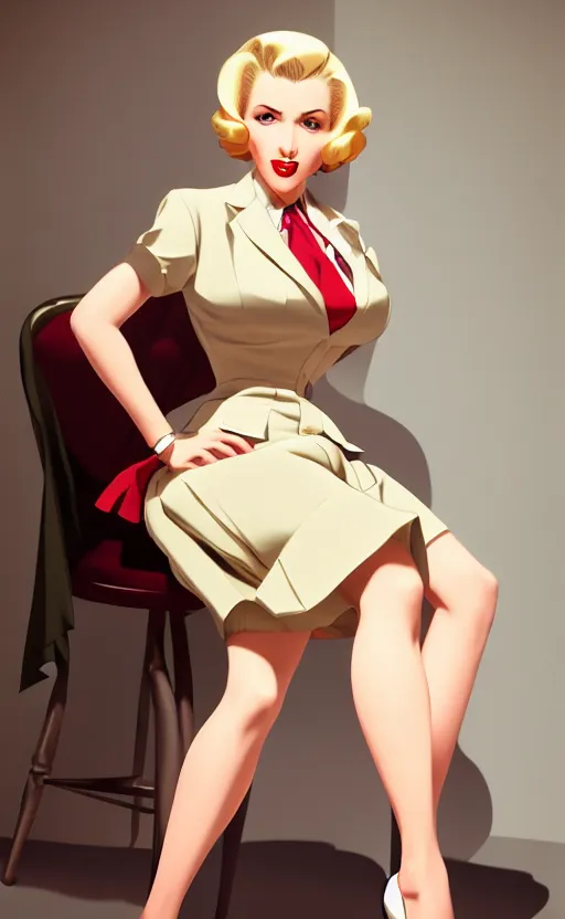 Prompt: a blonde femme fatale woman wearing a 1 9 4 0 s skirt, silk stockings, and padded shoulders jacket, anime. realistic shaded lighting by ilya kuvshinov giuseppe dangelico pino and michael garmash and rob rey, 8 k
