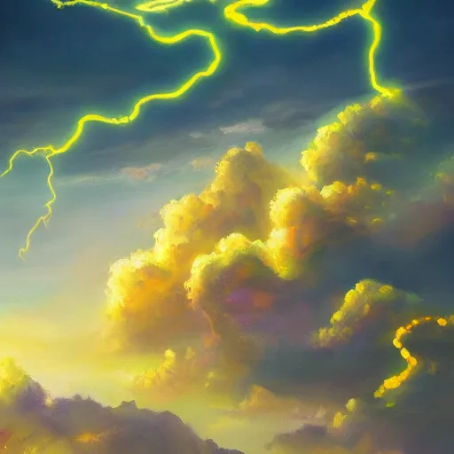 Image similar to beautiful oil painting of golden eastern dragon alone in sky, green lightning, night clouds, above city, high detail, trending in artstation