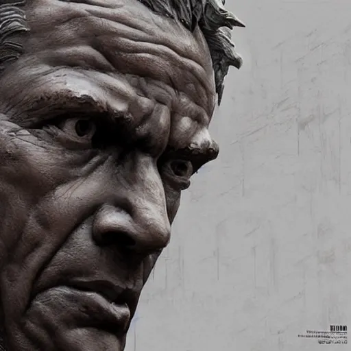 Image similar to a highly detailed epic cinematic concept art CG render digital painting artwork: close up shot of a melted deformed face of a socialist realist statue. Soviet, gloomy, dystopian, night. By Greg Rutkowski, Ilya Kuvshinov, WLOP, Stanley Artgerm Lau, Ruan Jia and Fenghua Zhong, trending on ArtStation, made in Maya, Blender and Photoshop, octane render, excellent composition, cinematic atmosphere, dynamic dramatic cinematic lighting, aesthetic, very inspirational, arthouse