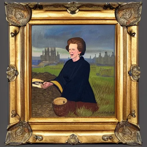 Prompt: margaret thatcher as a 1 2 th century peasant in england, painting, exhibited at british museum, oil on canvas, restored, art, 1 2 th century