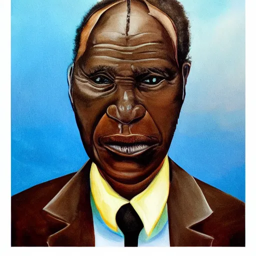 Image similar to a painting of a fatherly wide forehead, round face, XXL , loving, caring, generous, ever-present, humble, wise elder from Kenya in a suit by Wangechi Mutu . Fatherly/daddy, focused, loving, leader, relaxed,. ethereal lights, details, smooth, sharp focus, illustration, realistic, cinematic, artstation, award winning, rgb , unreal engine, octane render, cinematic light, macro, depth of field, blur, red light and clouds from the back, highly detailed epic cinematic concept art CG render made in Maya, Blender and Photoshop, octane render, excellent composition, dynamic dramatic cinematic lighting, aesthetic, very inspirational, arthouse.