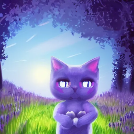 Prompt: illustration of a glowing cute blue cat holding lavender in grassy field with trees in the background, concept art, artstation