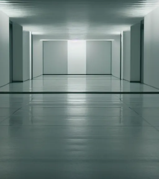 Prompt: Jesus in a white empty room, film still from the movie directed by Denis Villeneuve, wide lens, oil painting