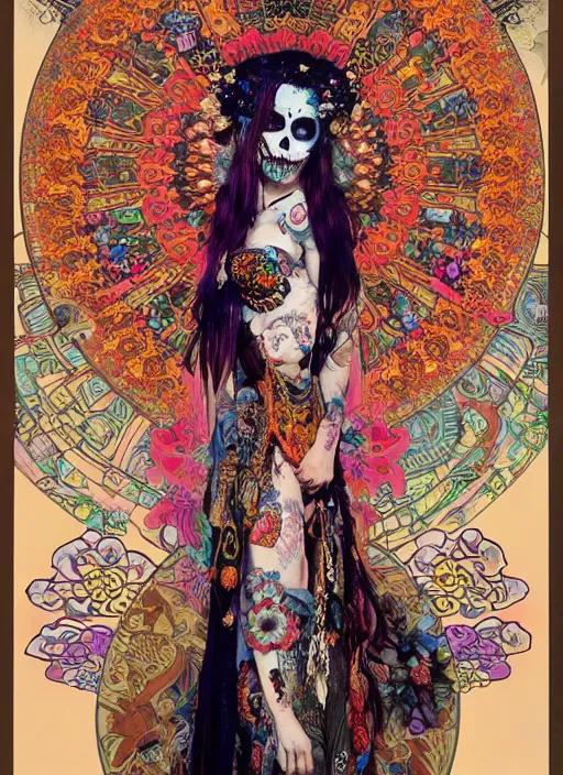 Prompt: cute punk goth fashion fractal Día de los Muertos tattooed hippy girl wearing kimono posing by Zhang Jingna, psychedelic poster art of by Victor Moscoso Rick Griffin Alphonse Mucha Gustav Klimt Ayami Kojima Amano Charlie Bowater, masterpiece