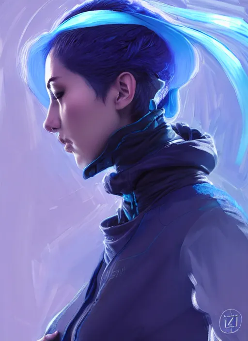 Image similar to full body portrait of a blue witch within a techwear. cynical face, concept art, fantasy illustration, intricate, highly detailed 8 k, smooth, sharp focus, beautiful and aesthetic shape of face and body, artgerm, artstation, art by zexi guo and nira and junpei suzuki and gharliera and rinotuna