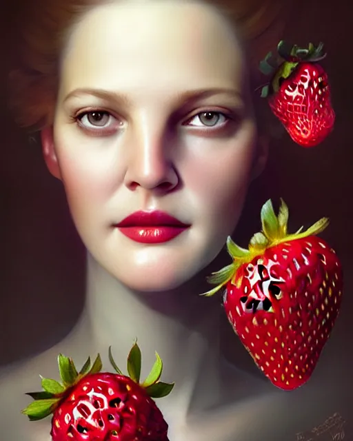 Image similar to beauty portrait, drew barrymore, strawberries, headgear leaves, wild berries, by tom bagshaw, greg rutkowski, ilya kuvshinov, craig mullins, intricate background. sharp focus, award winning, luminous