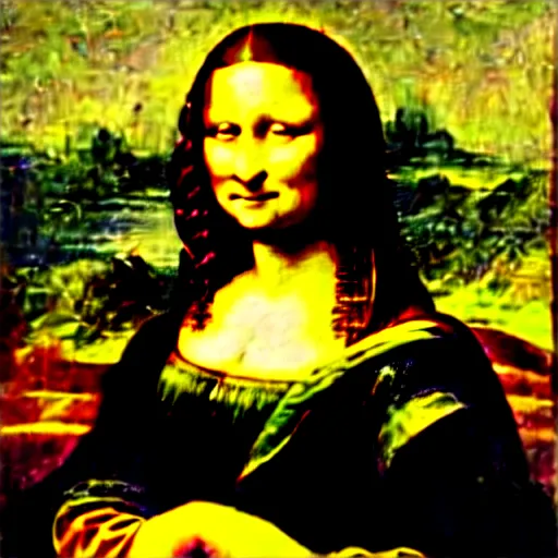 Image similar to failed restoration of mona lisa, modernized features, partly ruined painting smudges