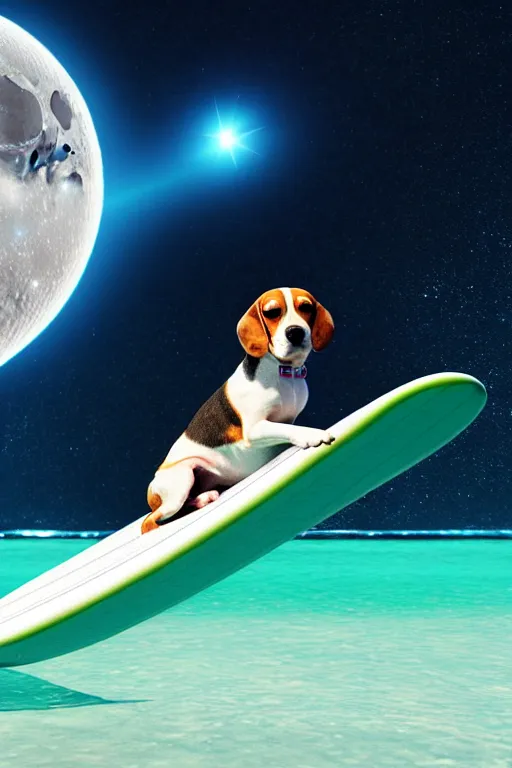 Image similar to beagle dog surfing a surfboard on a sparkly crashing wave of stardust in space, background is a moon in nebula, octane render, unreal engine, wide view, 8 k, highdetaild