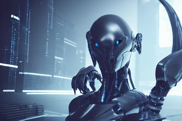 Image similar to cyberpunk alien concept inspired robot, futuristic look, highly detailed body, very powerful, photorealistic camera shot, bright studio setting, studio lighting, crisp quality and light reflections, unreal engine 5 quality render