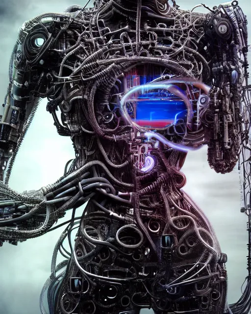 Prompt: portrait photo of a biomechanical torso of a cyborg plugged into a quantum computer with cables and wires and optic fibers. cyberpunk horror style. art by luis royo. highly detailed 8 k. intricate. nikon d 8 5 0 5 5 mm. award winning photography.