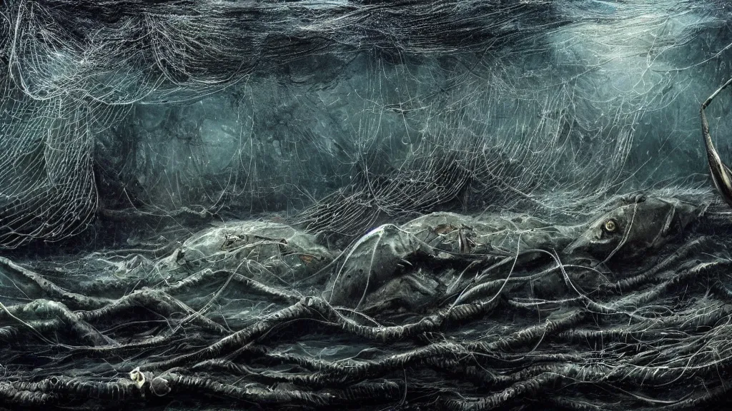 Image similar to Thousands of dead fish under water, fish hooks, seaweed, highly detailed, yuumei, Adam duff lucidpixul, natural lighting, dark atmosphere, digital painting, creepy and dark feelings, metal fishing hooks and nets everywhere, the background has a faded image of the earth