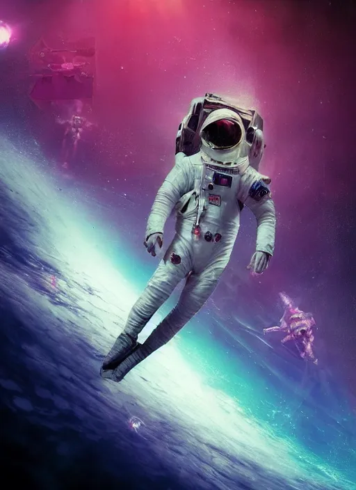 Image similar to complex poster art by craig mullins astronaut in futuristic pink and empty spaceship underwater. infrared glowing lights. complex and hyperdetailed technical suit. reflection and dispersion materials. rays and dispersion of light. volumetric light. 5 0 mm, f / 3 2. noise film photo. flash photography. unreal engine 4, octane render. interstellar movie poster