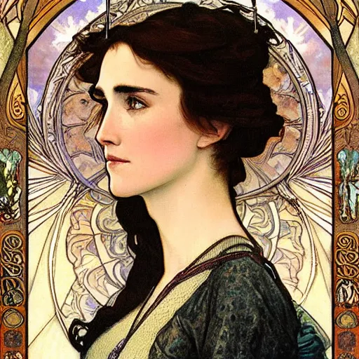 Prompt: realistic detailed face portrait of Jennifer Connelly as a beautiful young medieval queen by Alphonse Mucha, Ayami Kojima, Amano, Charlie Bowater, Karol Bak, Greg Hildebrandt, Jean Delville, and Mark Brooks, Art Nouveau, Gothic Revival, Pre-Raphaelite, Jugendstil, Surreality, Neo-Gothic, gothic, rich deep moody colors, Art Nouveau