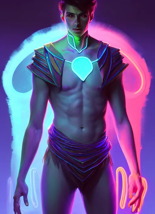 Image similar to a male humanoid phantom adventurer, glowing neon skin, magical aura, dnd fantasy character, full body portrait, ultra realistic, intricate, elegant, highly detailed, digital painting, artstation, smooth, sharp, focus, illustration, art by artgerm and greg rutkowski and alphonse mucha