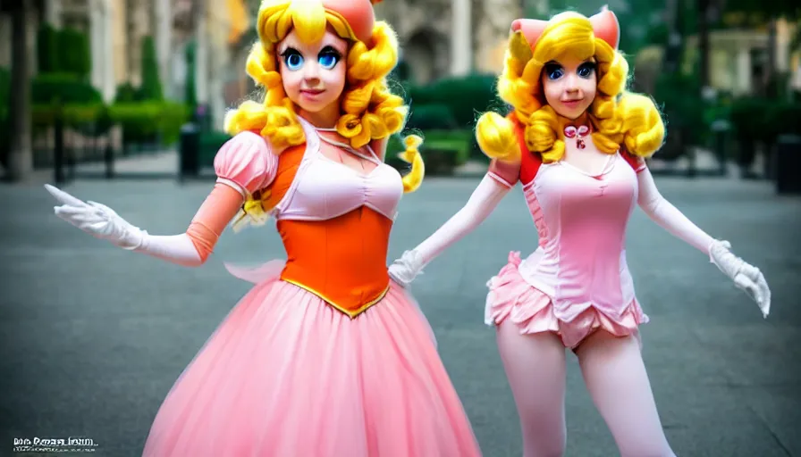 Prompt: amazing cosplay of princess peach from mario, symmetrical, cinematic, real photography, 4 k, ultra hd