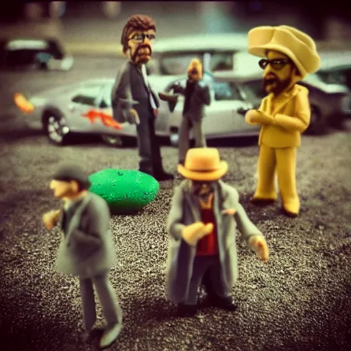 Prompt: “Clay miniature models of Saul Goodman fighting Walter White, in the style of claymation, Play-doh, tilt-shift photography”