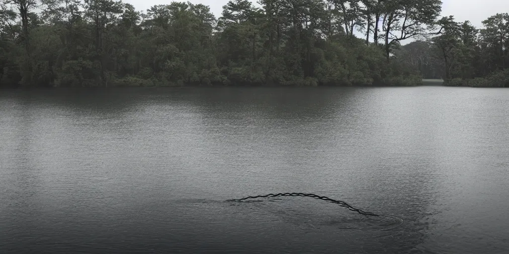 Image similar to centered photograph of a long rope snaking across the surface of the water, stretching out towards the center of the lake, a dark lake on a cloudy day, trees in the background, anamorphic lens