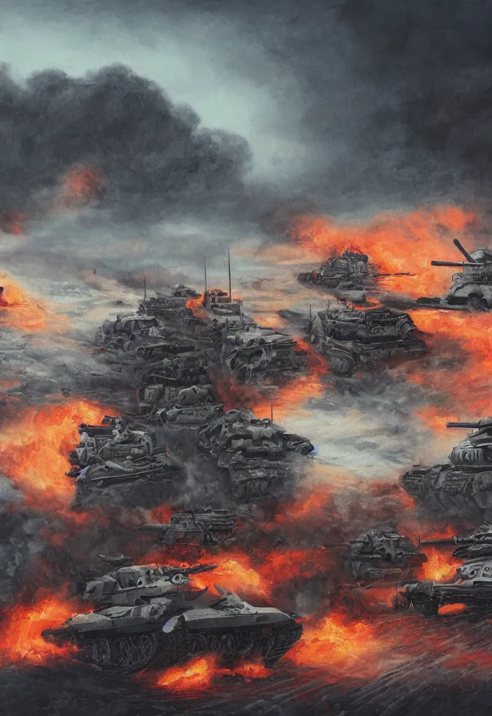 Prompt: handmade illustration of an epic World War II war scene in the winter with nazi and soviet tanks, some smoke and fire, blue sky with dramatic clouds, line art, ballpoint, oil on canvas by Kilian Eng and by Jake Parker, heavy brushstrokes, winning-award masterpiece, fantastic, octane render, 8K HD Resolution, High quality image