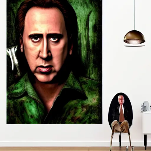 Image similar to nickolas cage holding the green axe from silent hill one, highly detailed, ultra realistic, 4 k