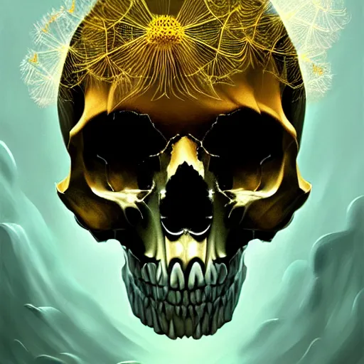 Image similar to honey dandelion skull, intricate, elegant, highly detailed, digital painting, artstation, concept art, smooth, sharp focus, illustration, by anato finnstark, boissb - blanca. j, cindy avelino, clint cearley, anna podedworna