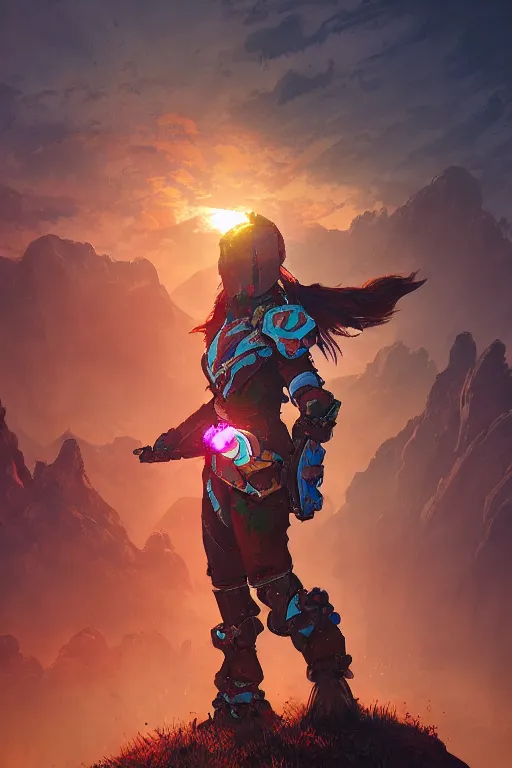 Image similar to combination suit armor aloy horizon forbidden west horizon zero dawn radiating a glowing aura global illumination ray tracing hdr fanart arstation by ian pesty and alena aenami artworks in 4 k tribal robot ninja mask helmet backpack