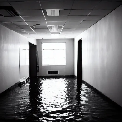 Image similar to backrooms office space, ominous lighting, moldy walls, shadowy tall figures wading in shallow water