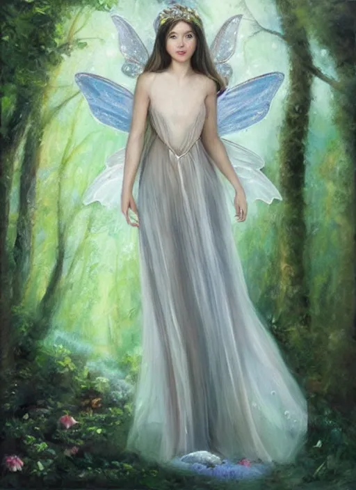 Image similar to beautiful oil painting full body portrait of fairy princess princess soft skin silver hair standing in forest, wings, diadem