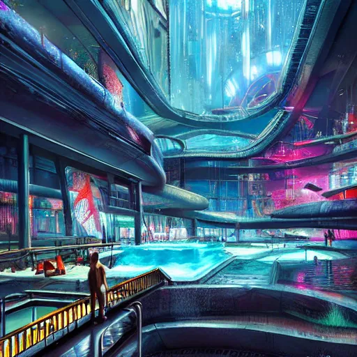 Image similar to futuristic cyberpunk waterpark, digital art, highly detailed, epic composition, cinematic lighting