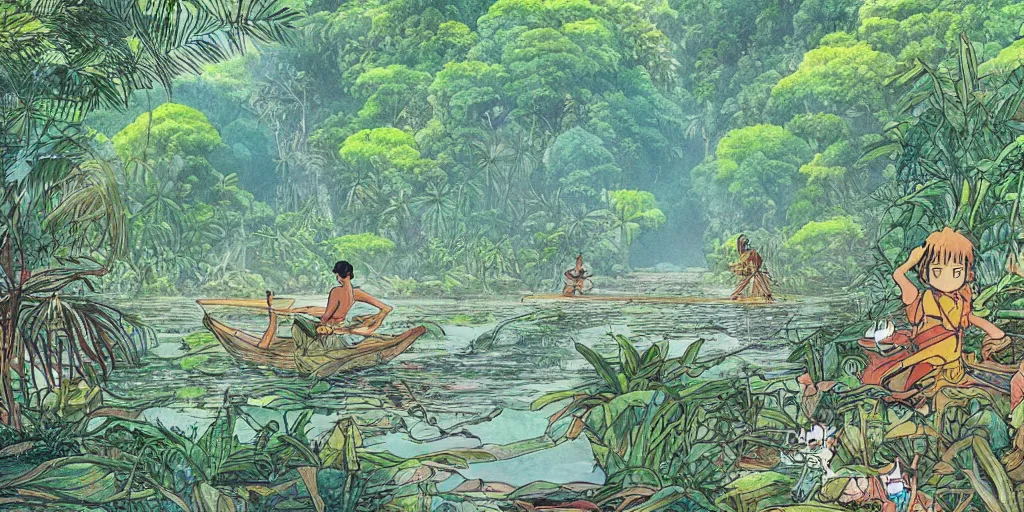 Image similar to sri lankan river jungle, drawn by hayao miyazaki