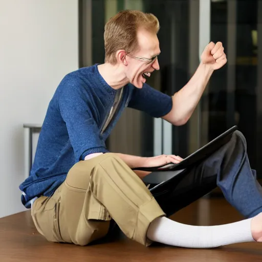 Image similar to tall pale skinny caucasian man with curly blonde hair with mismatching socks and capri pants holding laptop computer and laughing