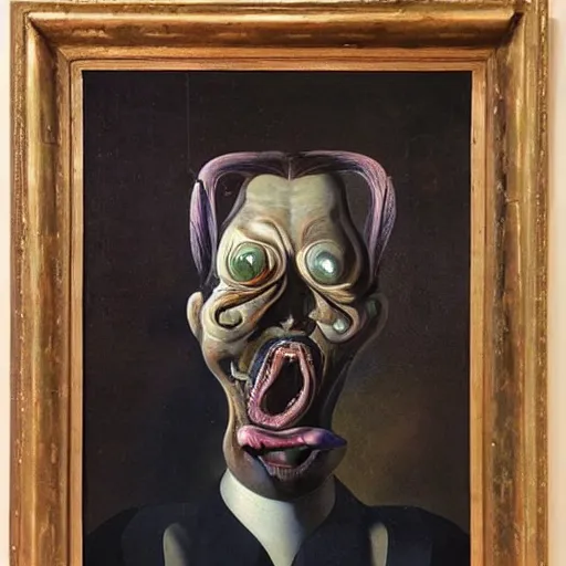 Image similar to Oil painting by Christian Rex Van Minnen and Salvador Dali of a portrait of an extremely bizarre disturbing mutated man with intense chiaroscuro lighting perfect composition