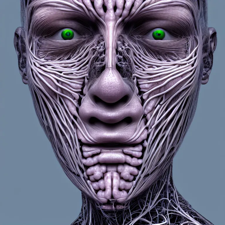 Image similar to portrait of neural nightmares, detailed face face face face, facial structure, hd, 8 k, very very very very electronic, biomechanical, biology, bio, neural machine