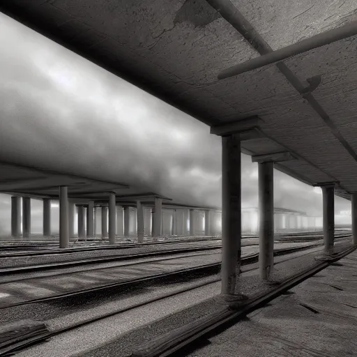 Prompt: Stormy sky with thunders, pipes and vaults system in the background, depth of field, blueshift render, photorealistic