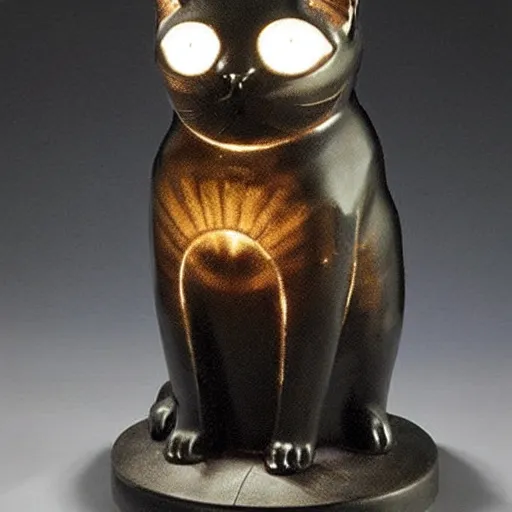 Image similar to a lamp in the shape of a cat with black accents designed by louis comfort tiffany