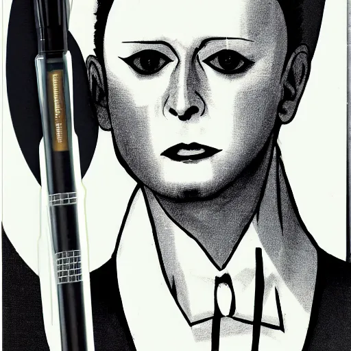 Prompt: a high quality product photo ad of klaus nomi with a technical reed rollerball pen exacto knife by junji ito, sharpie ethereal eel