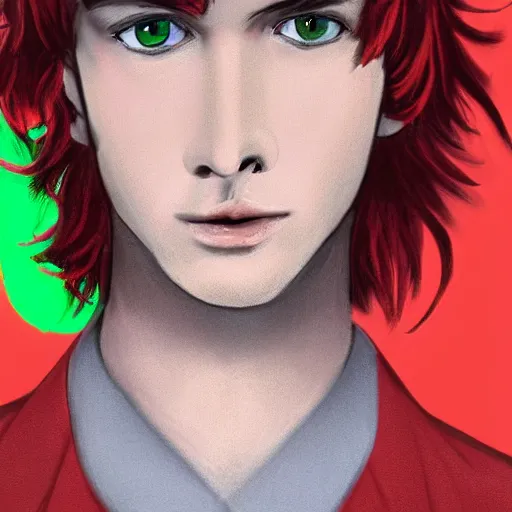 Image similar to digital art of a stylish young man with red hair and green cat - like eyes, popular, famous, attractive, high quality, highly detailed, hd, 4 k, 8 k,