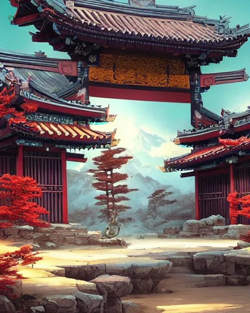 Image similar to tang dynasty shinto gate at the top of dragon mountain by peter mohrbacher and dan mumford and nekro, cgsociety, volumetric light, 3 d render