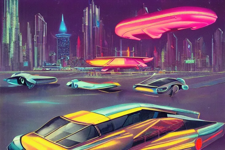 Prompt: retro futuristic metropolis, futuristic flying cars, neon lit, made by vincent di fate