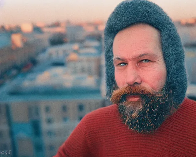 Image similar to lomographic photo of 4 0 years russian man with beard and sweater standing on small hrushevka 9 th floor balcony in taigaд looking at sunset, perfect faces, cinestill, bokeh