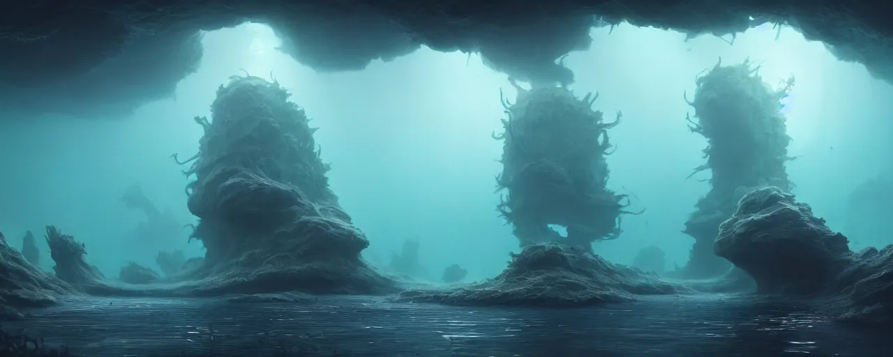 Prompt: ultra realistic muted colors horror photo of a dimly lit alien underwater landscape, very intricate details, focus, full frame image, high contrast, cgi render, artwork by tooth wu and wlop and beeple and greg rutkowski, award winning