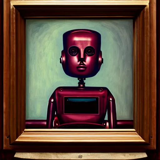 Image similar to super - intelligent robot with kind eyes portrait, in a photo booth, grant wood, pj crook, edward hopper, oil on canvas