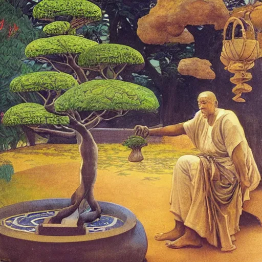 Image similar to Old African gardener cutting bonsai trees, gray hair, idyllic Garden, by Annie Swynnerton and Nicholas Roerich and jean delville, glowing paper lanterns, strong dramatic cinematic lighting , ornate tiled architecture, lost civilizations, smooth, sharp focus, extremely detailed