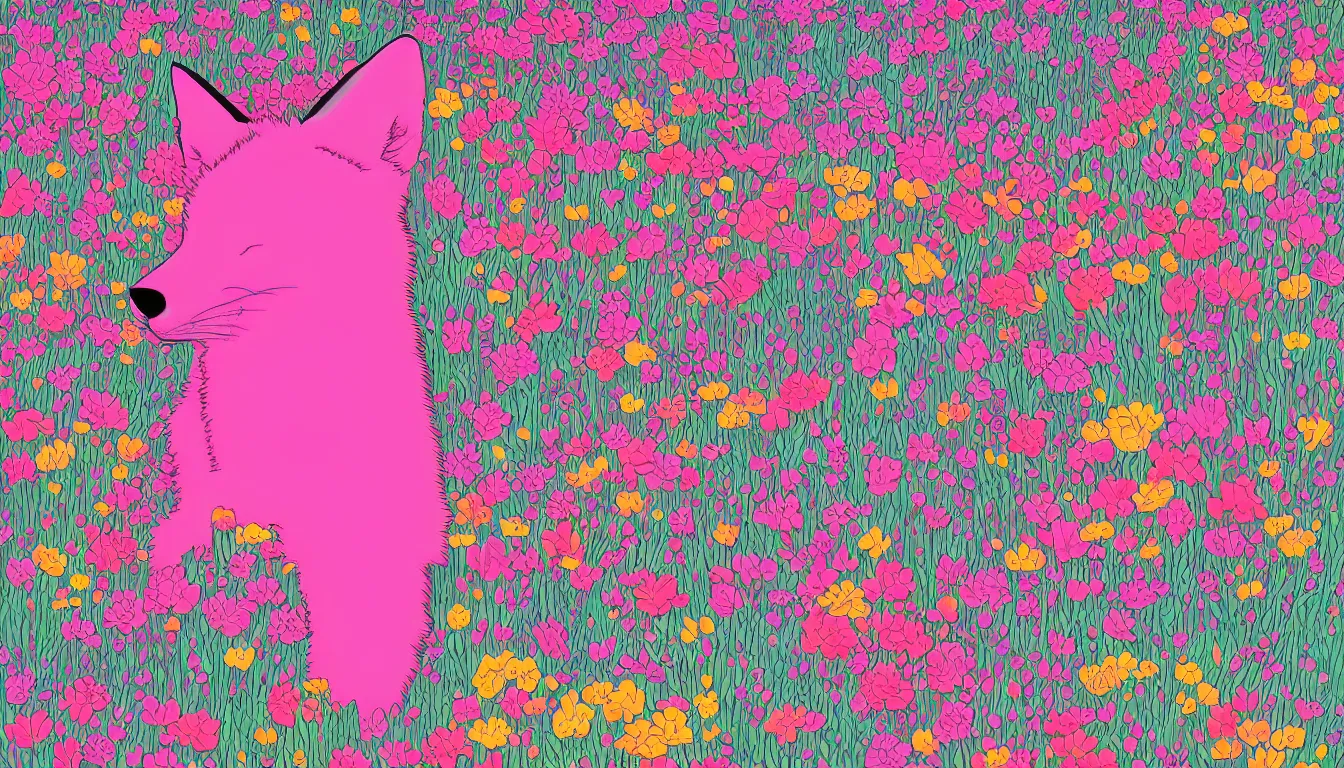 Image similar to pink fox head popping out of a field of multi colored flowers by Kilian Eng, minimalist, detailed