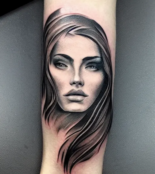 Image similar to tattoo design sketch of a beautiful woman face with a faded background of beautiful mountains and nature on her side, hyper - realistic, in the style of den yakovlev, amazing detail, black and white