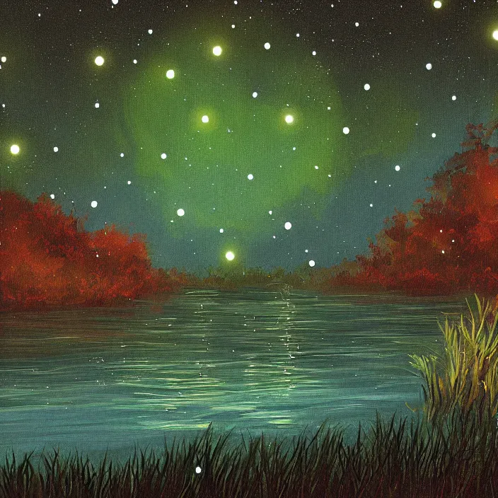 Image similar to lake trees night fireflies glowing above water digital painting concept art