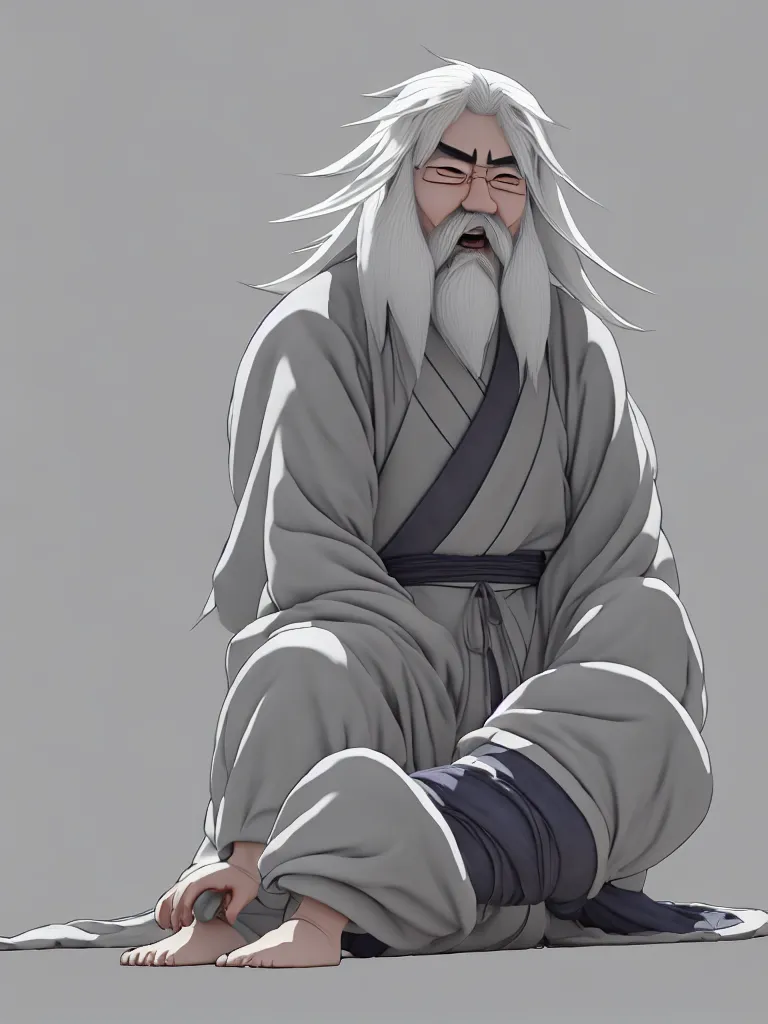 Image similar to the whole body of fuxi in chinese mythology, long white hair, long white beard, wu geng period animation style from china, wearing a grey robe, in style of makoto shinkai, raphael lacoste, akihito tsukushi, kind and solemn, sit on the ground, 3 d render, hyper detailed, 4 k hd